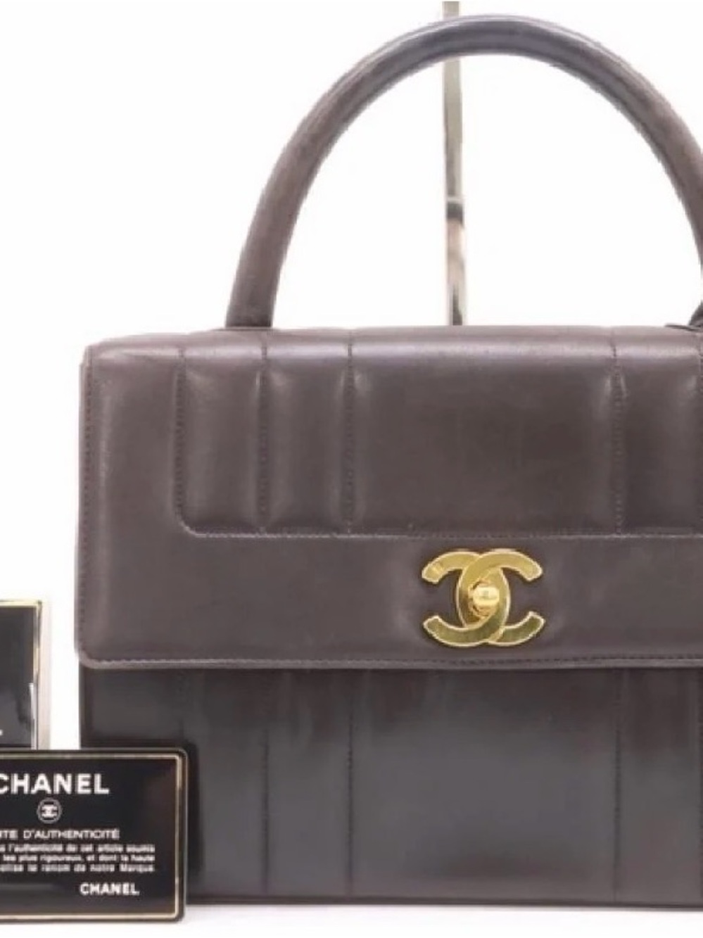 CHANEL Dark Brown Quilted Leather Top-Handle Satchel with Gold CC Turn-Lock